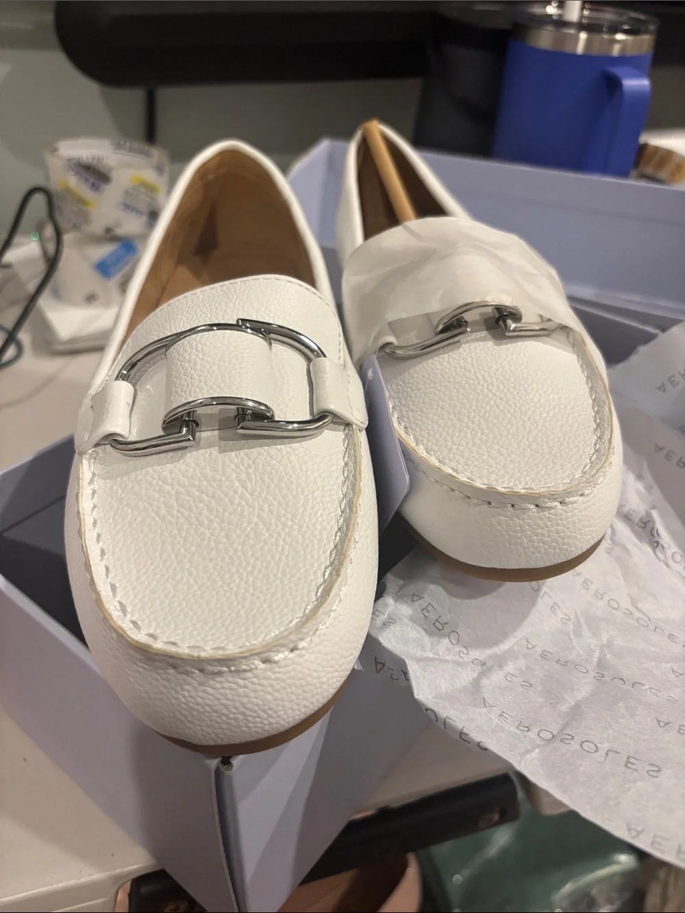 AEROSOLES White Pebbled Leather Slip-On Loafers with Silver Hardware